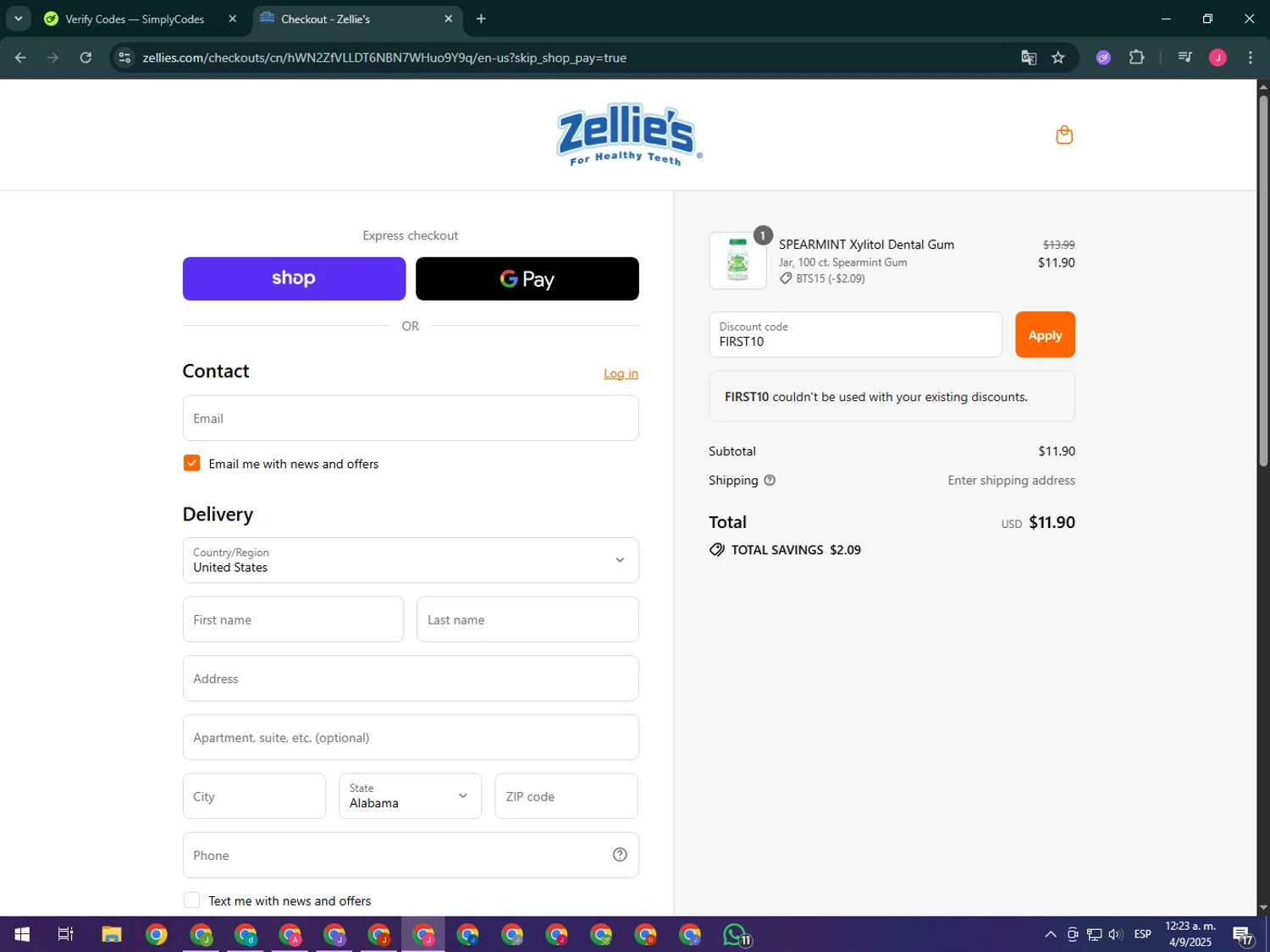 Zellie's discount code screenshot showing code FIRST10 applied at Zellie's checkout page. Uploaded by SimplyCodes community member CleverShopper2101 on Sep 4, 2025