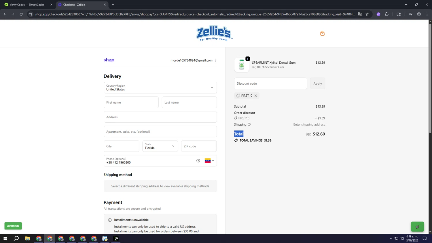 Zellie's discount code screenshot showing code FIRST10 applied at Zellie's checkout page. Uploaded by SimplyCodes community member aaaaaaaaaaaaaaaa on Oct 3, 2025