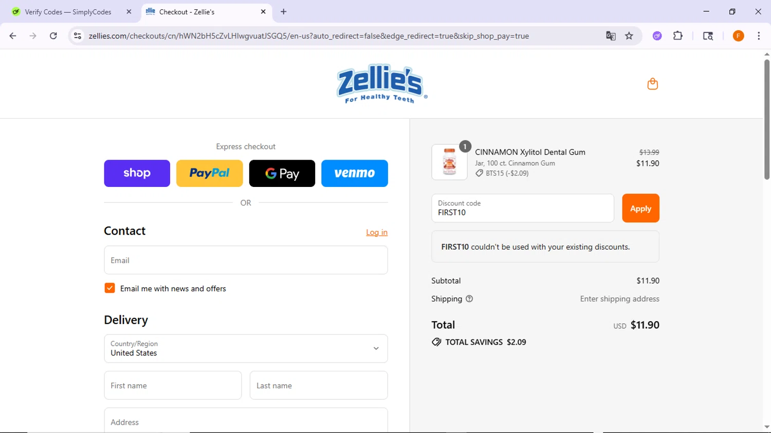Zellie's discount code screenshot showing code FIRST10 applied at Zellie's checkout page. Uploaded by SimplyCodes community member TreasureSleuth5198 on Sep 4, 2025