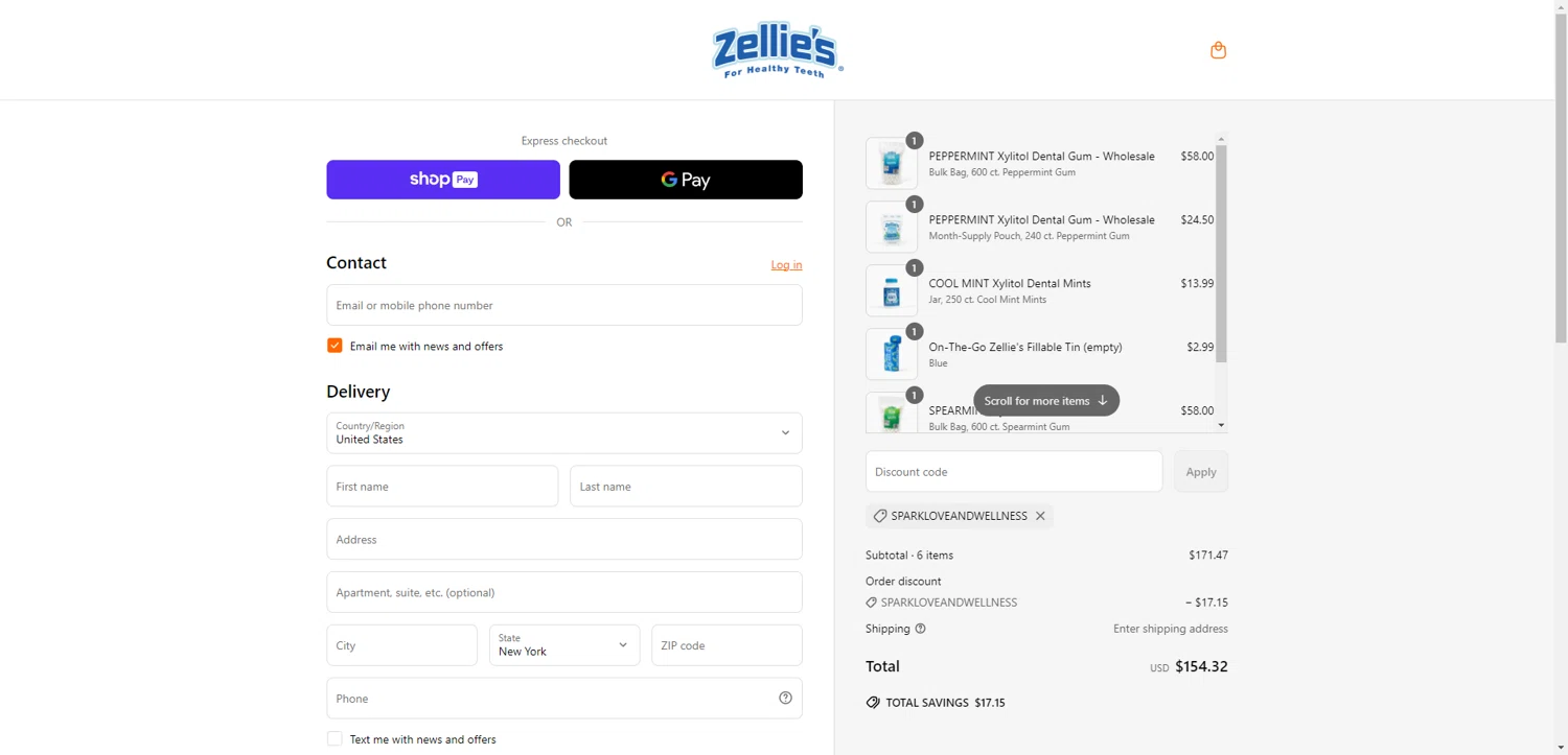 Zellie's discount code screenshot showing code SPARKLOVEANDWELLNESS applied at Zellie's checkout page. Uploaded by SimplyCodes community member RewardTitan728 on Jun 4, 2025