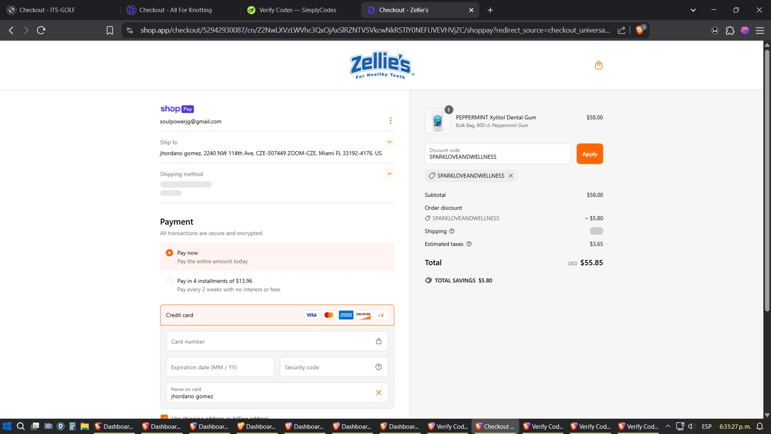 Zellie's discount code screenshot showing code SPARKLOVEANDWELLNESS applied at Zellie's checkout page. Uploaded by SimplyCodes community member TreasureExpert3303 on May 10, 2025