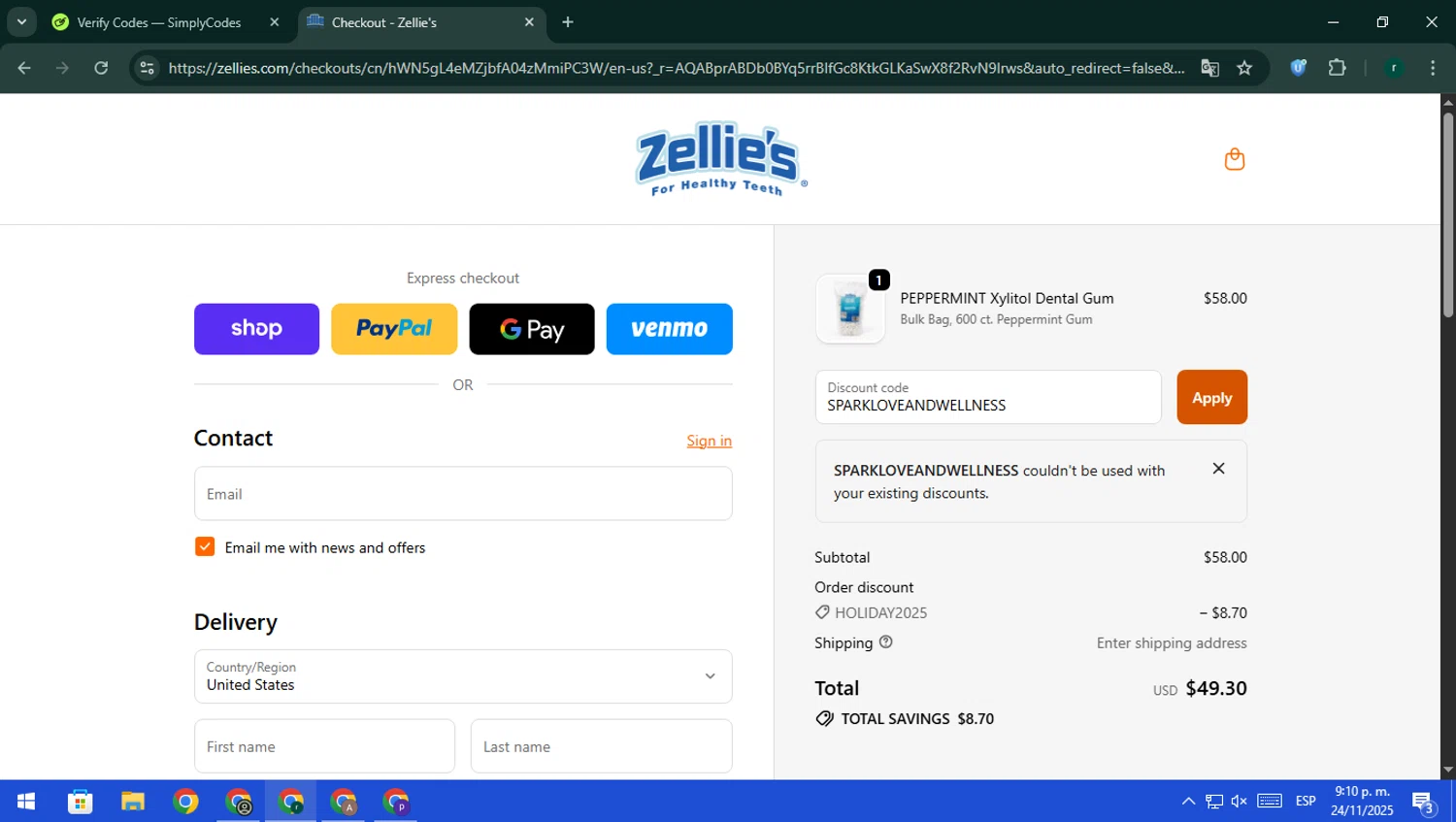 Zellie's discount code screenshot showing code SPARKLOVEANDWELLNESS applied at Zellie's checkout page. Uploaded by SimplyCodes community member rodri1 on Nov 25, 2025