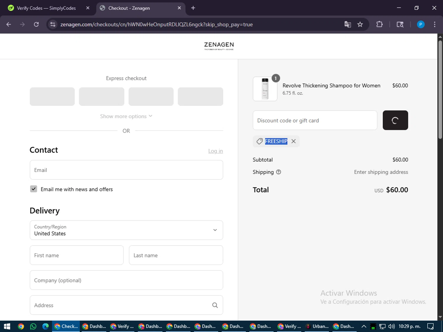 Zenagen coupon code screenshot showing code FREESHIP applied at Zenagen checkout page. Uploaded by SimplyCodes community member juiceWRLD on Jul 23, 2025