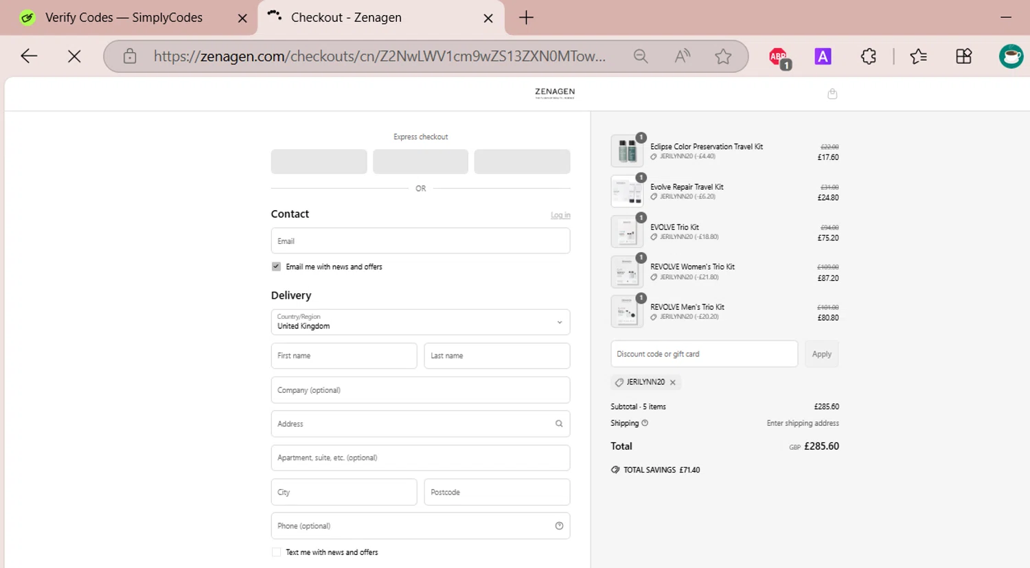 Zenagen coupon code screenshot showing code JERILYNN20 applied at Zenagen checkout page. Uploaded by SimplyCodes community member EpicSpotter6525 on May 3, 2025