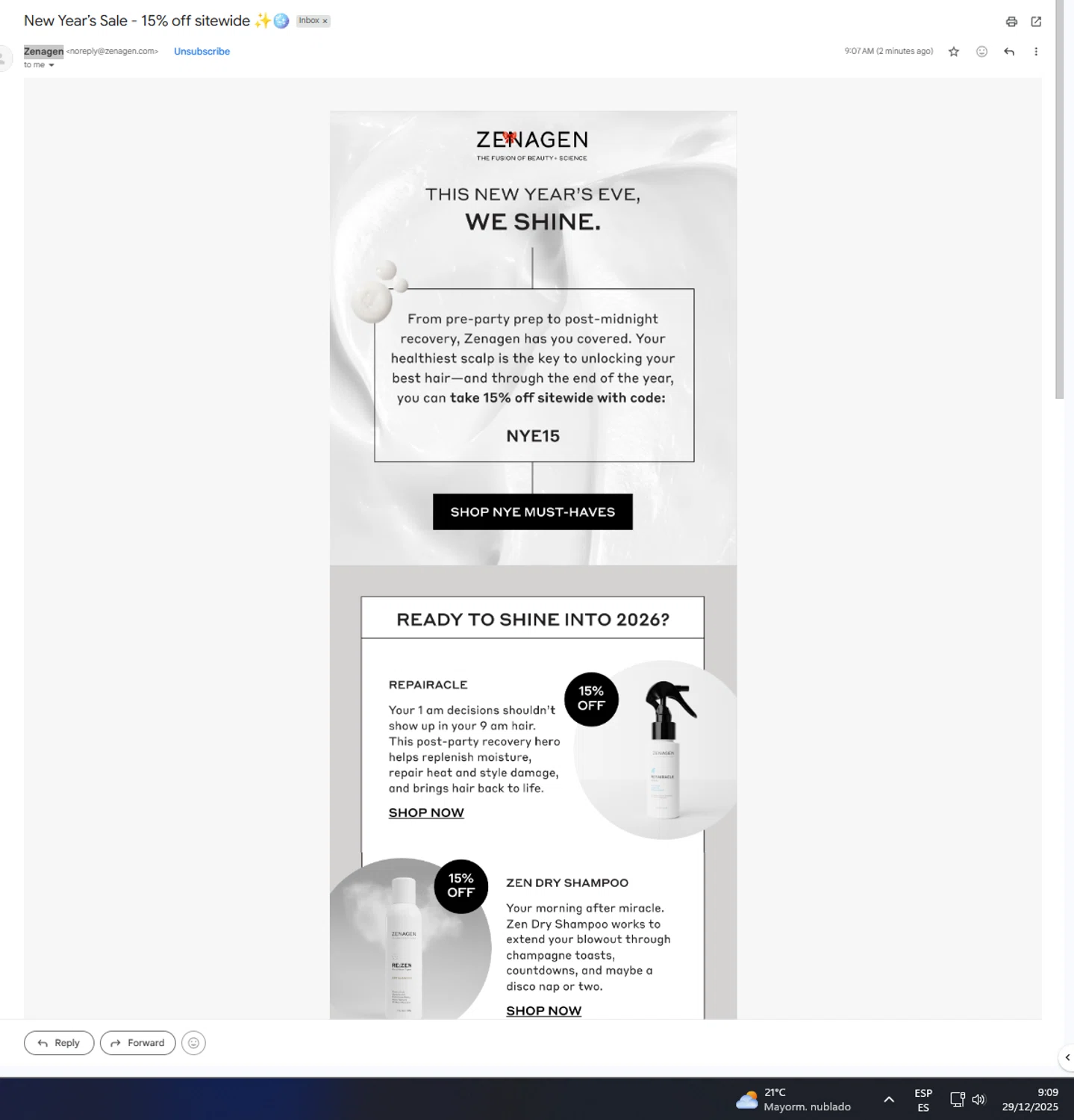 Zenagen coupon code screenshot showing code NYE15 applied at Zenagen checkout page. Uploaded by SimplyCodes community member UnkNownVnzla on Dec 29, 2025