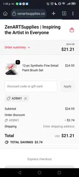 Zen ART Supplies coupon verification screenshot