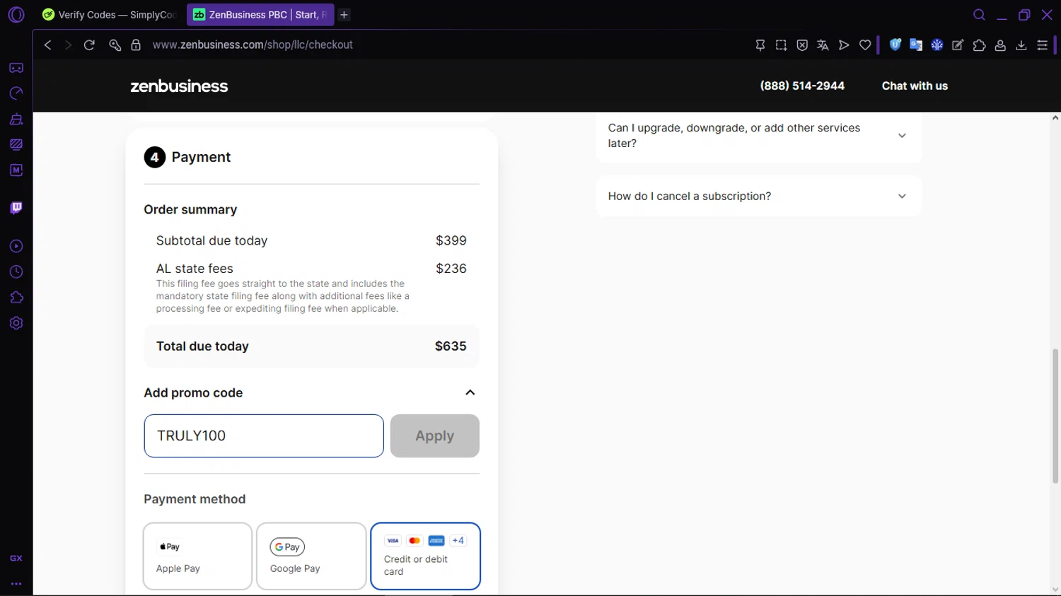 ZenBusiness promo code screenshot showing code TRULY100 applied at ZenBusiness checkout page. Uploaded by SimplyCodes community member RewardLion134 on Feb 20, 2026