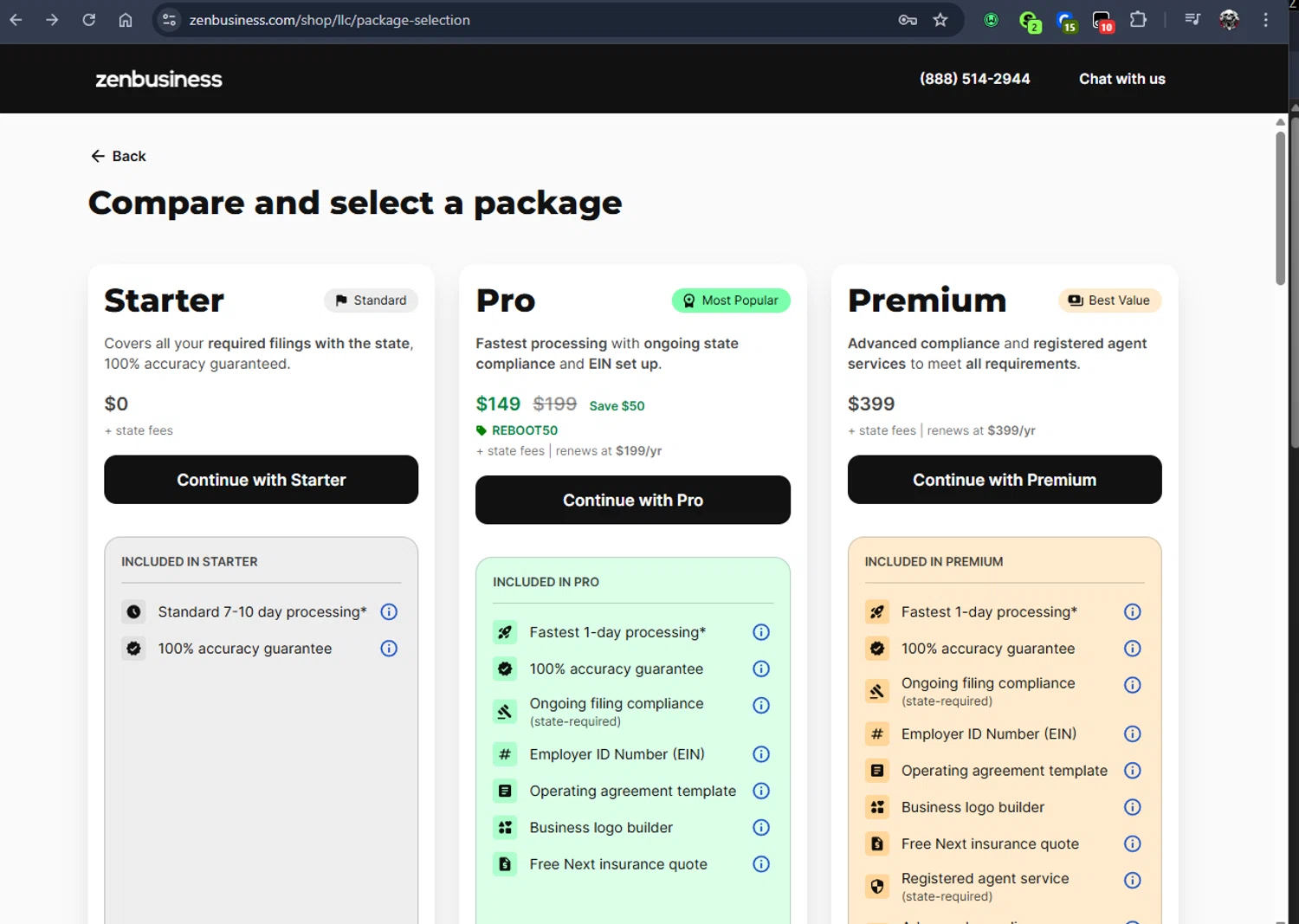 ZenBusiness promo code screenshot showing code REBOOT50 applied at ZenBusiness checkout page. Uploaded by SimplyCodes community member Jmhernand1 on Feb 20, 2026