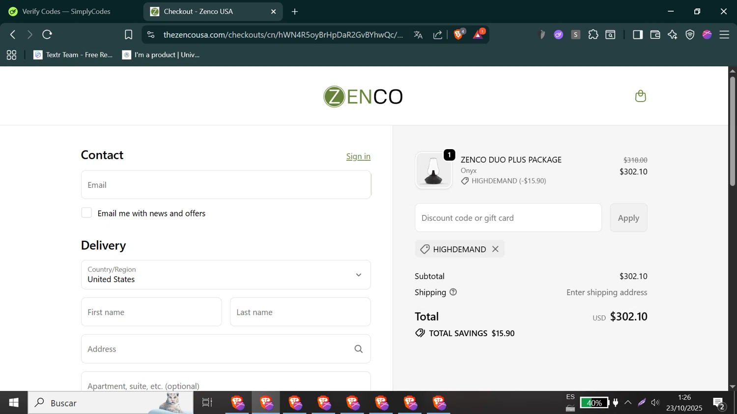 Zenco USA promo code screenshot showing code highdemand applied at Zenco USA checkout page. Uploaded by SimplyCodes community member Jeffersontorrealba on Oct 23, 2025