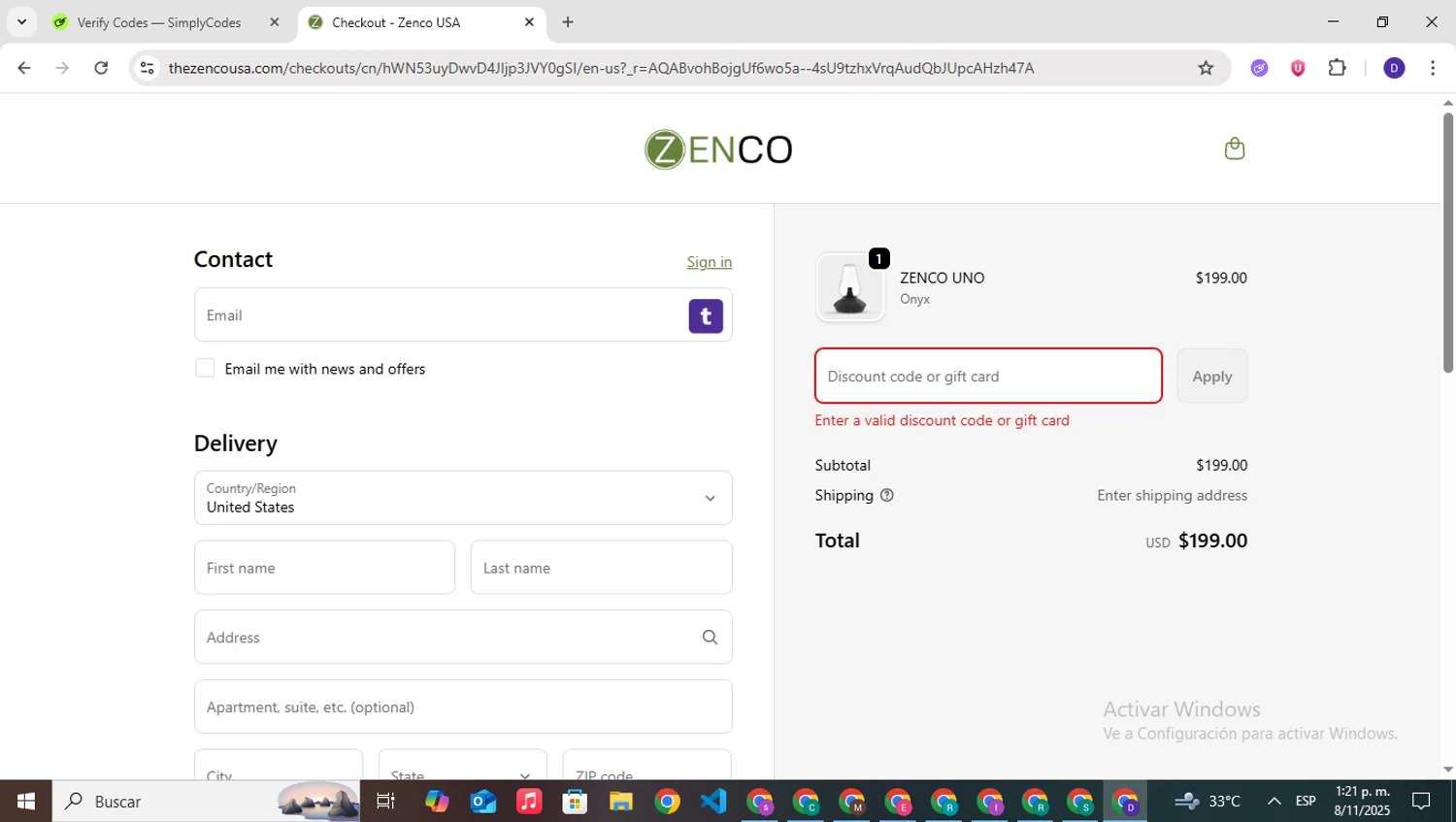 Zenco USA promo code screenshot showing code SPOOKED25 applied at Zenco USA checkout page. Uploaded by SimplyCodes community member PrimeNavigator3251 on Nov 8, 2025