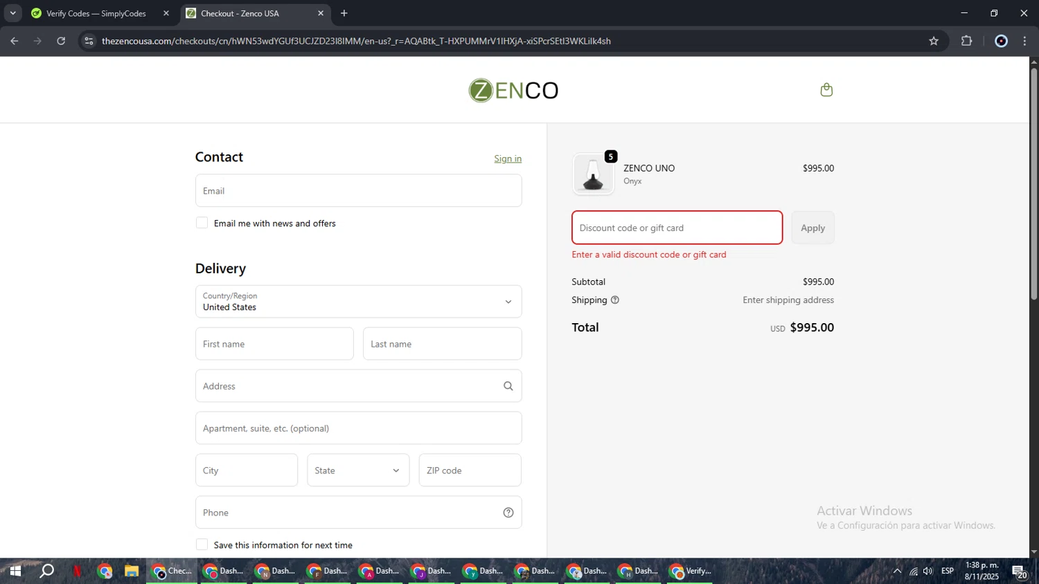 Zenco USA promo code screenshot showing code SPOOKED25 applied at Zenco USA checkout page. Uploaded by SimplyCodes community member RoyalBoss4384 on Nov 8, 2025