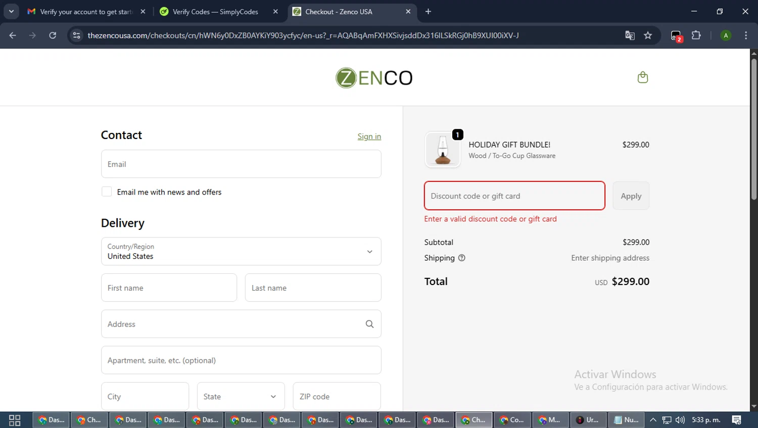 Zenco USA promo code screenshot showing code NEWSUBSCRIBERNEWSUBSCRIBER applied at Zenco USA checkout page. Uploaded by SimplyCodes community member CashLynx5338 on Dec 28, 2025
