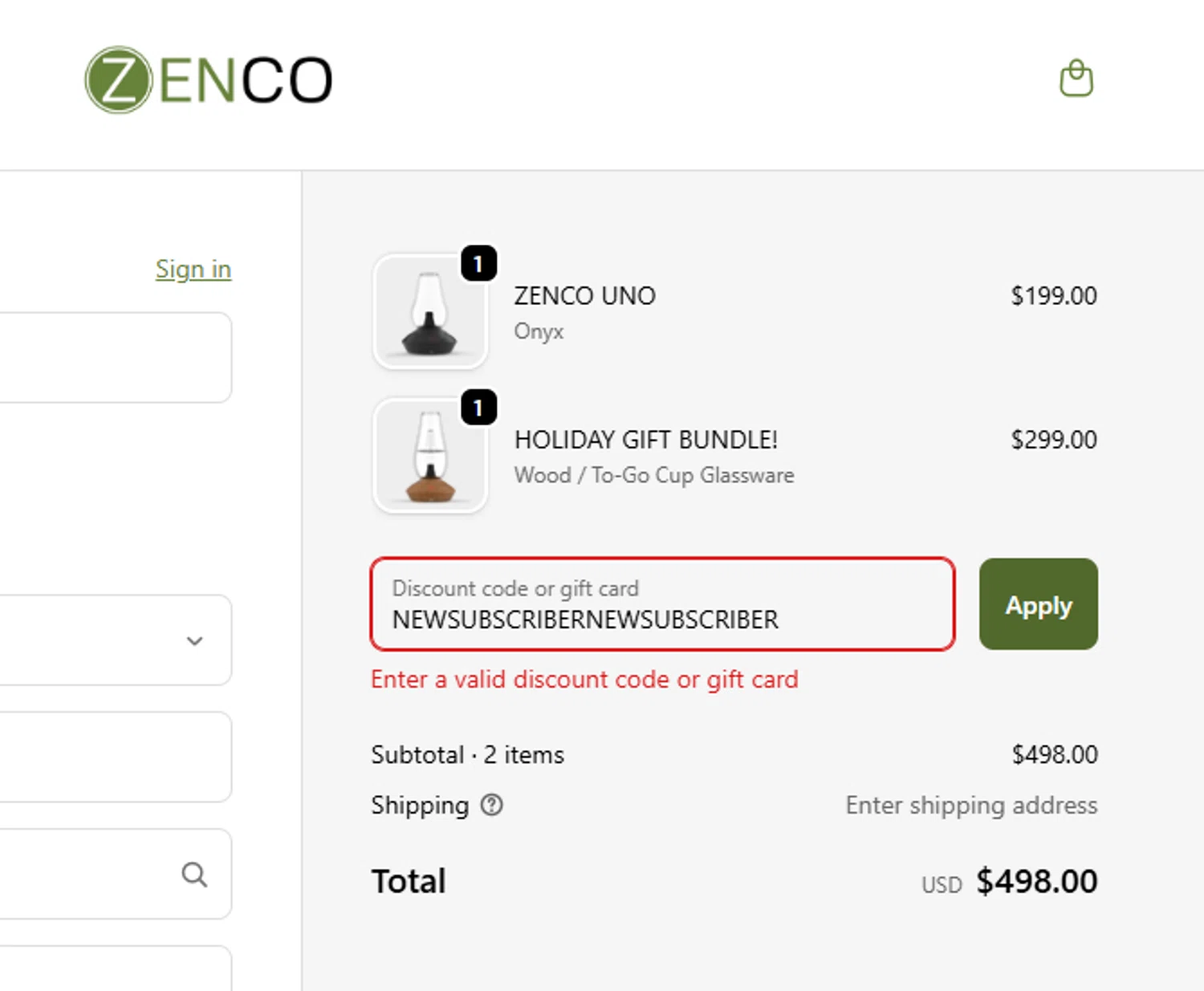 Zenco USA promo code screenshot showing code NEWSUBSCRIBERNEWSUBSCRIBER applied at Zenco USA checkout page. Uploaded by SimplyCodes community member FrugalVirtuoso6318 on Dec 28, 2025