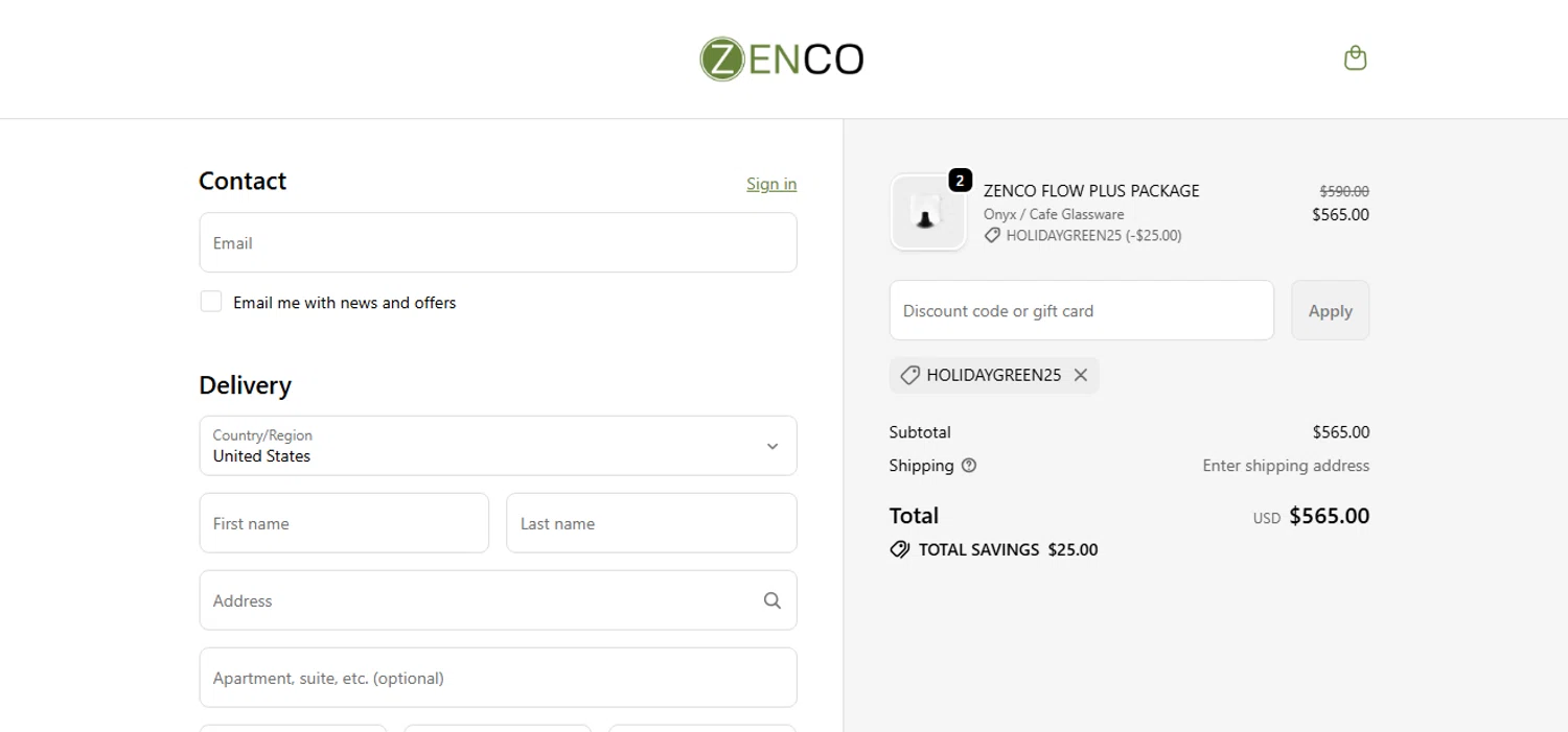 Zenco USA promo code screenshot showing code HOLIDAYGREEN25 applied at Zenco USA checkout page. Uploaded by SimplyCodes community member yilmamalave on Nov 29, 2025