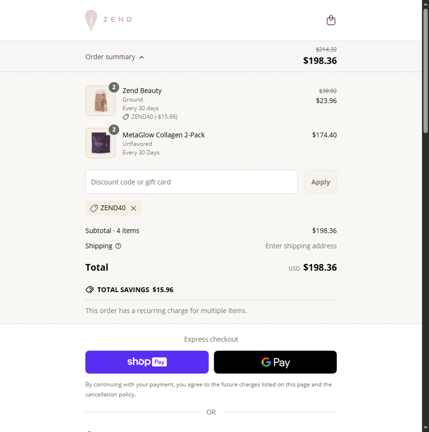 Zend Coffee promo code screenshot showing code ZEND40 applied at Zend Coffee checkout page. Uploaded by SimplyCodes community member Alejandra10 on Jun 16, 2025