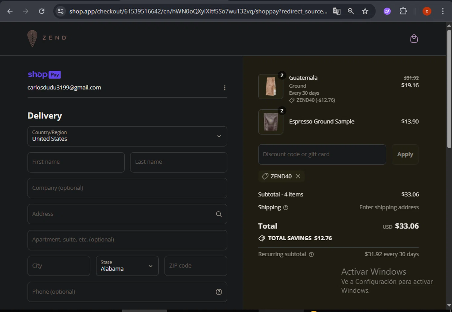 Zend Coffee promo code screenshot showing code ZEND40 applied at Zend Coffee checkout page. Uploaded by SimplyCodes community member CashSage6731 on Jul 19, 2025