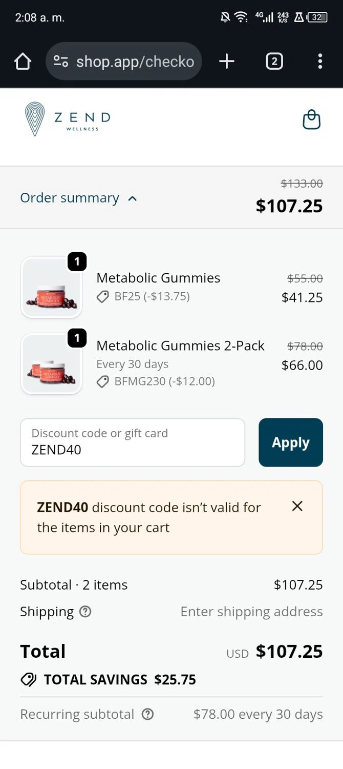 Zend Coffee promo code screenshot showing code ZEND40 applied at Zend Coffee checkout page. Uploaded by SimplyCodes community member CrownCollector9208 on Dec 6, 2025