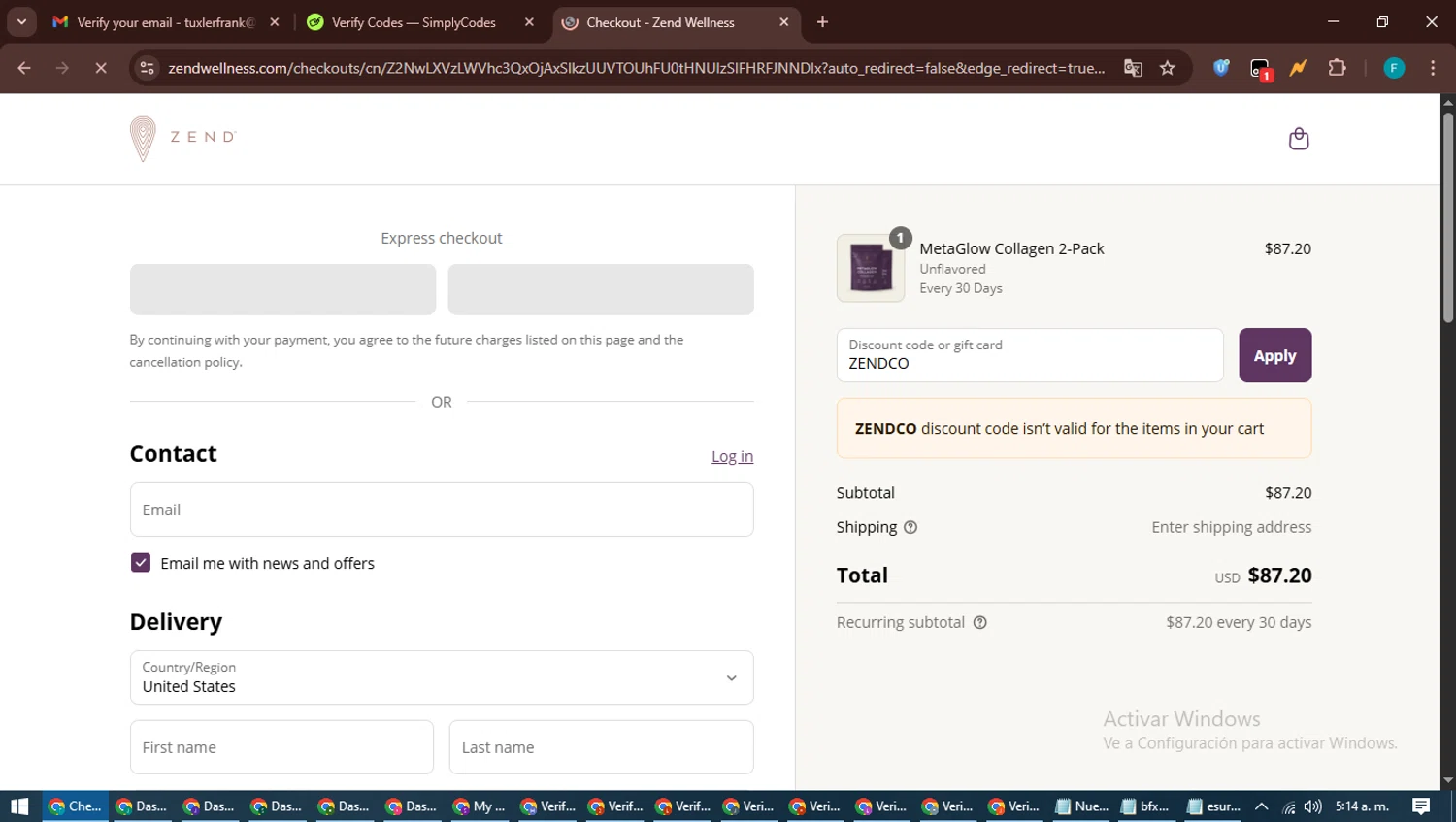 Zend Coffee promo code screenshot showing code ZENDCO applied at Zend Coffee checkout page. Uploaded by SimplyCodes community member ShrewdTitan3233 on Jun 19, 2025