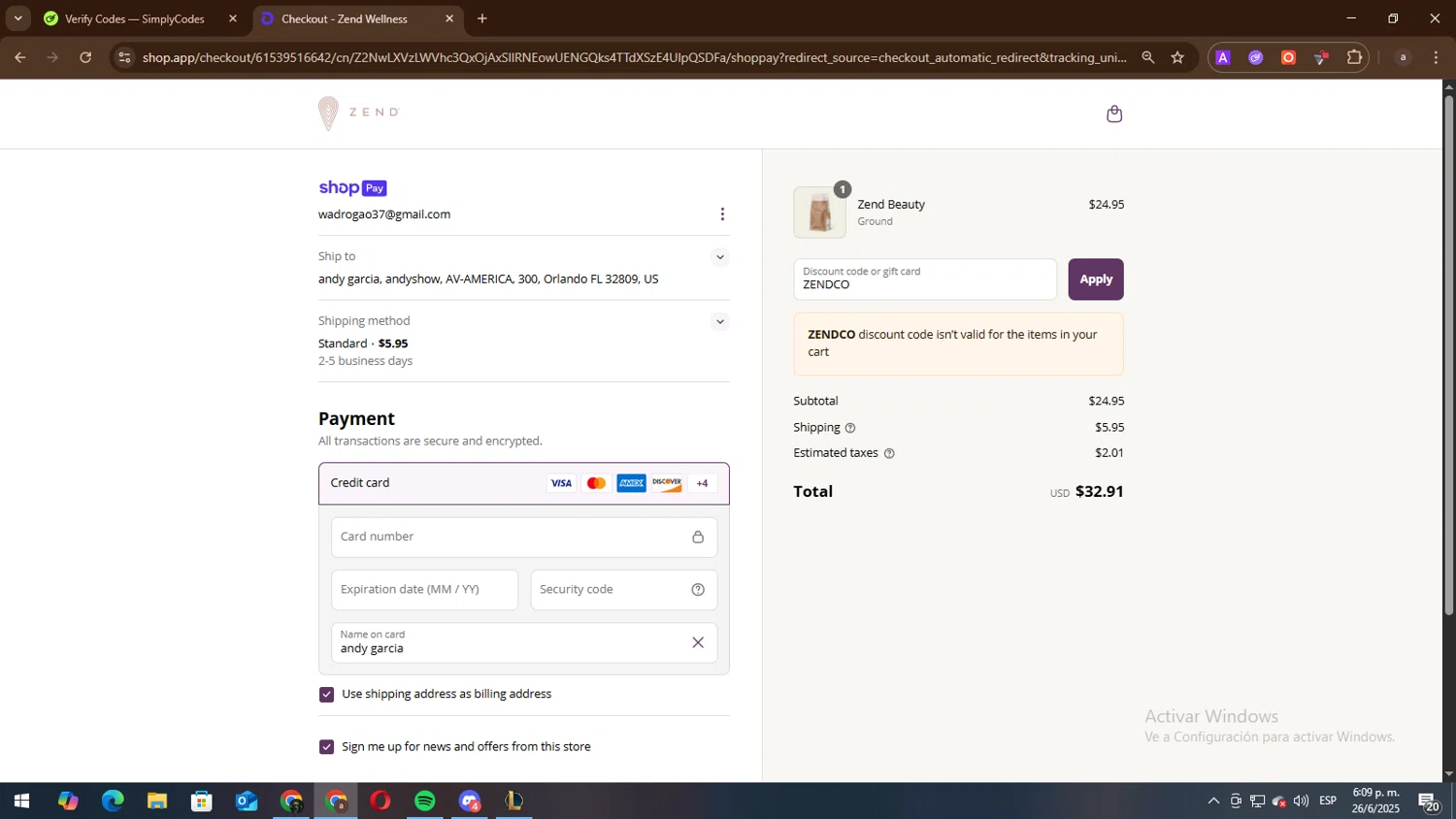 Zend Coffee promo code screenshot showing code ZENDCO applied at Zend Coffee checkout page. Uploaded by SimplyCodes community member lisandro on Jun 26, 2025