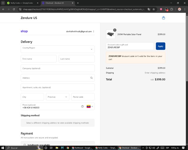 Zendure checkout page showing Zendure coupon code box | Screenshot taken by SimplyCodes community member on Aug 29, 2025