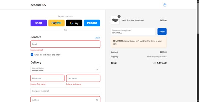 Zendure checkout page showing Zendure coupon code box | Screenshot taken by SimplyCodes community member on Aug 28, 2025
