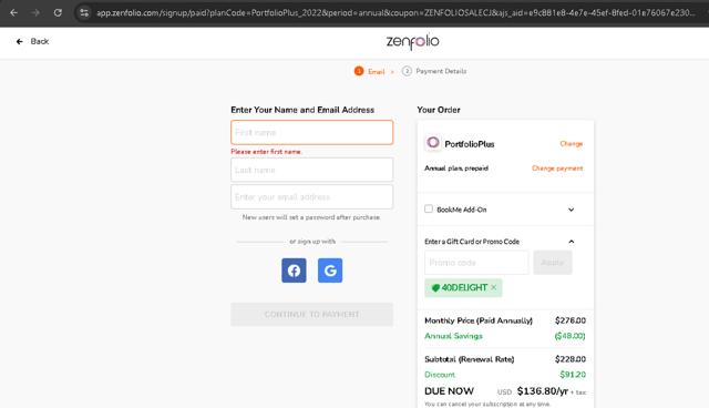 Zenfolio checkout page showing Zenfolio coupon code box | Screenshot taken by SimplyCodes community member on May 29, 2025