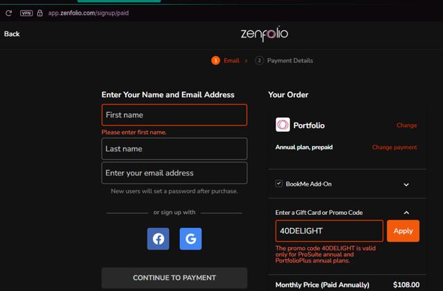 Zenfolio checkout page showing Zenfolio coupon code box | Screenshot taken by SimplyCodes community member on Jul 16, 2025