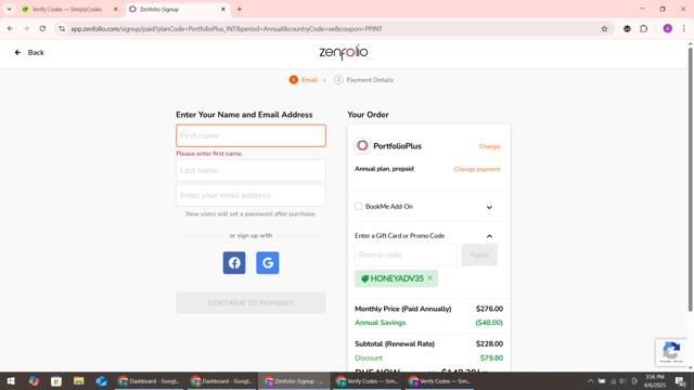 Zenfolio checkout page showing Zenfolio coupon code box | Screenshot taken by SimplyCodes community member on Apr 6, 2025