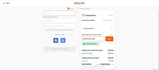Zenfolio checkout page showing Zenfolio coupon code box | Screenshot taken by SimplyCodes community member on Apr 6, 2025