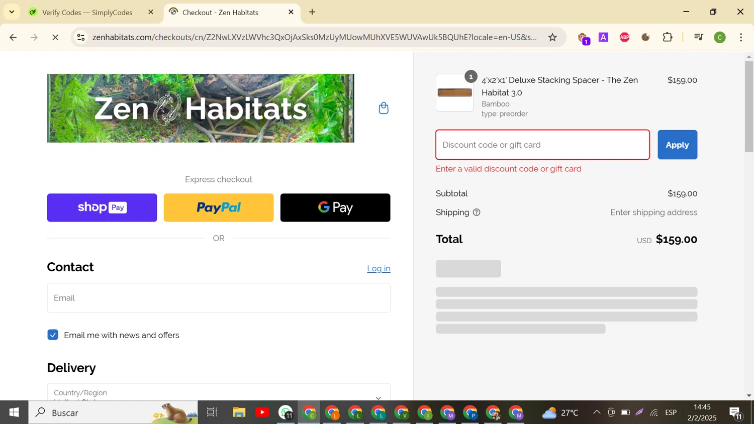 Zen Habitats discount code screenshot showing code LUCKY13 applied at Zen Habitats checkout page. Uploaded by SimplyCodes community member DealHunter2862 on Feb 2, 2025