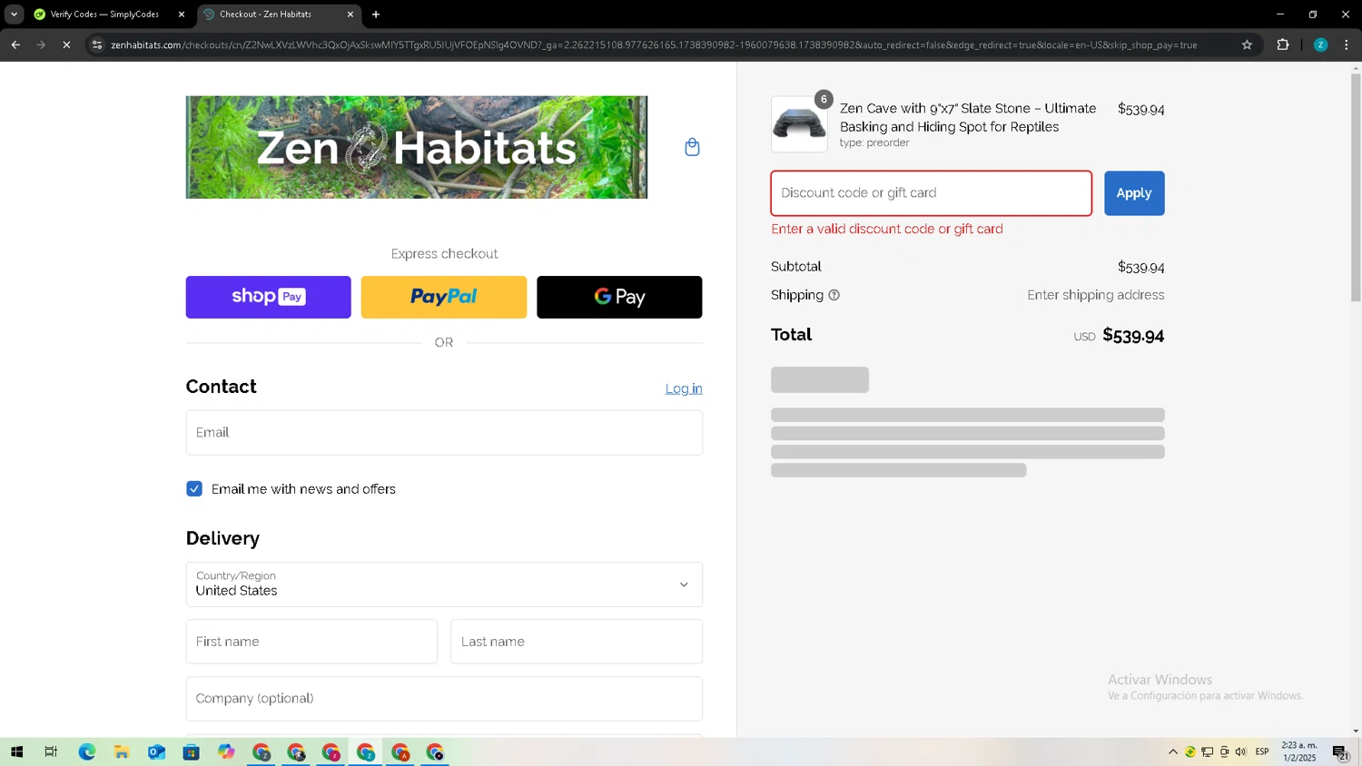 Zen Habitats discount code screenshot showing code EXTRA10 applied at Zen Habitats checkout page. Uploaded by SimplyCodes community member Zxdqui on Feb 1, 2025