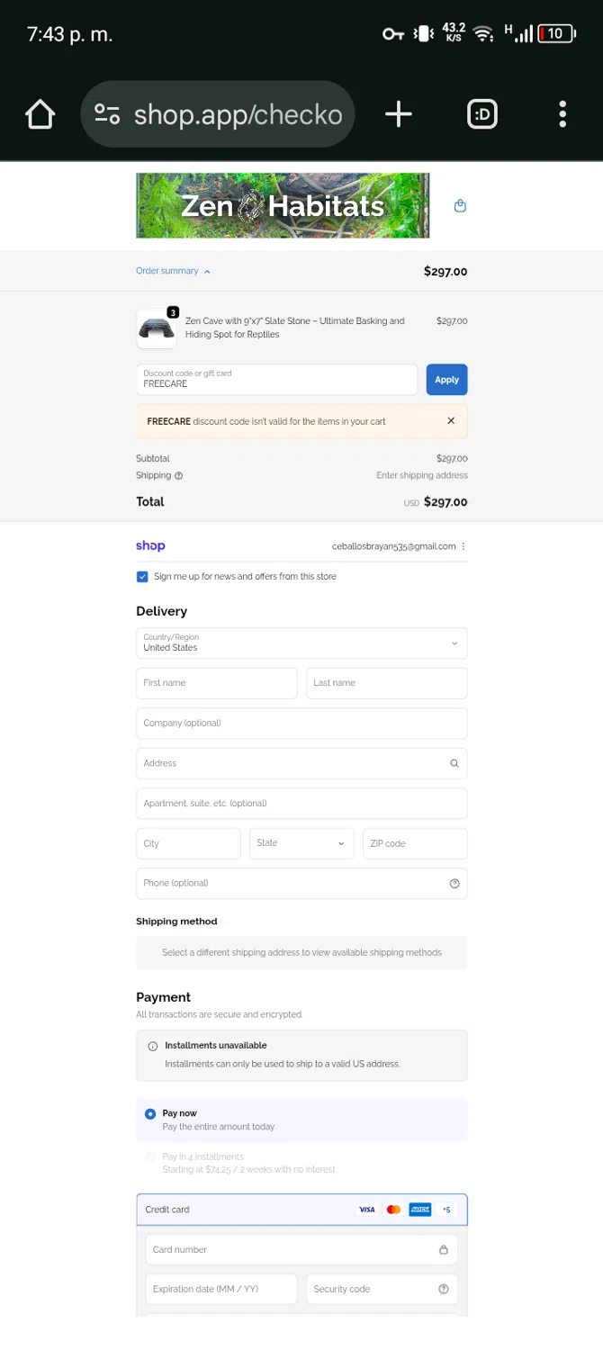 Zen Habitats discount code screenshot showing code FREECARE applied at Zen Habitats checkout page. Uploaded by SimplyCodes community member Bernado on Oct 12, 2025
