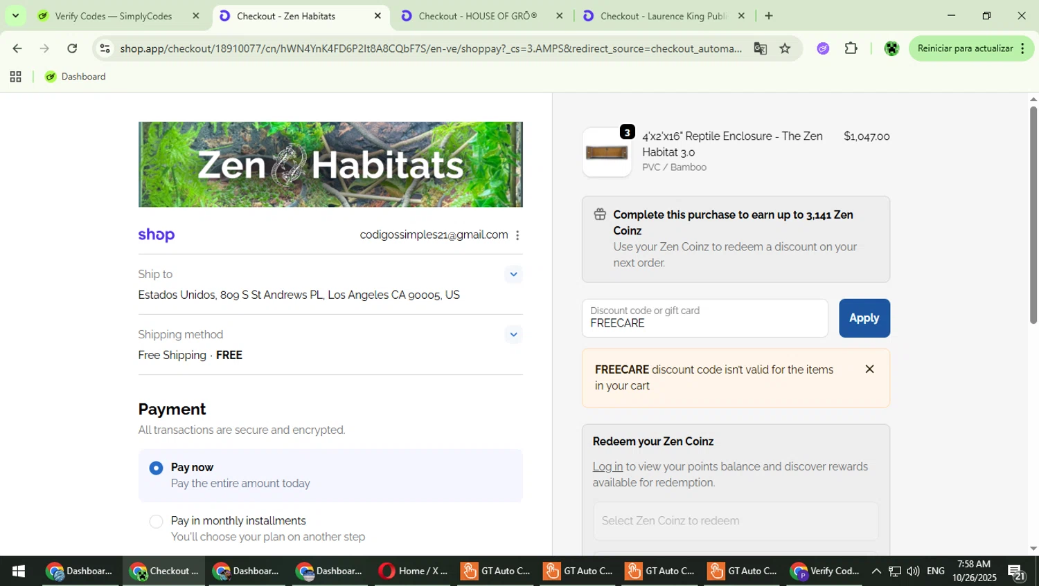 Zen Habitats discount code screenshot showing code FREECARE applied at Zen Habitats checkout page. Uploaded by SimplyCodes community member MaitoGai on Oct 26, 2025