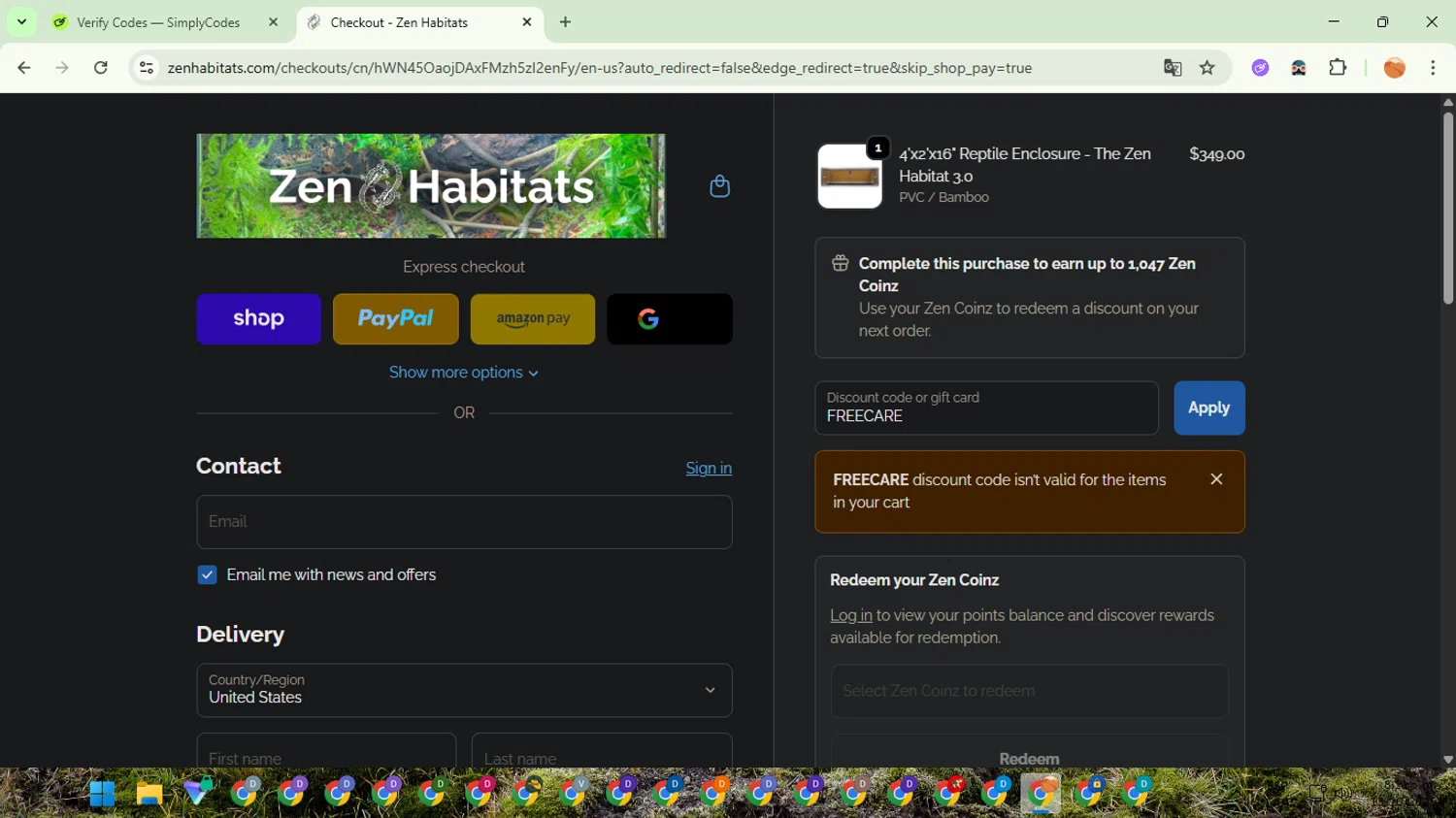 Zen Habitats discount code screenshot showing code FREECARE applied at Zen Habitats checkout page. Uploaded by SimplyCodes community member TreasureSentinel5290 on Oct 14, 2025