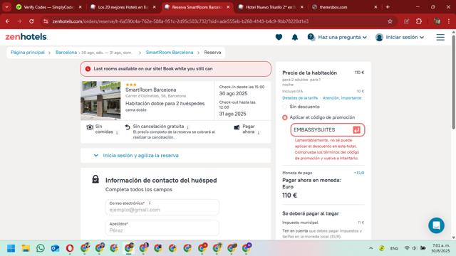 ZenHotels checkout page showing ZenHotels promo code box | Screenshot taken by SimplyCodes community member on Aug 30, 2025