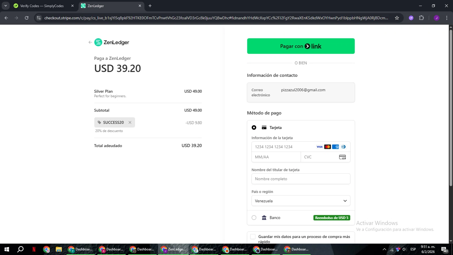 ZenLedger promo code screenshot showing code SUCCESS20 applied at ZenLedger checkout page. Uploaded by SimplyCodes community member ComeBurra123 on Feb 6, 2026