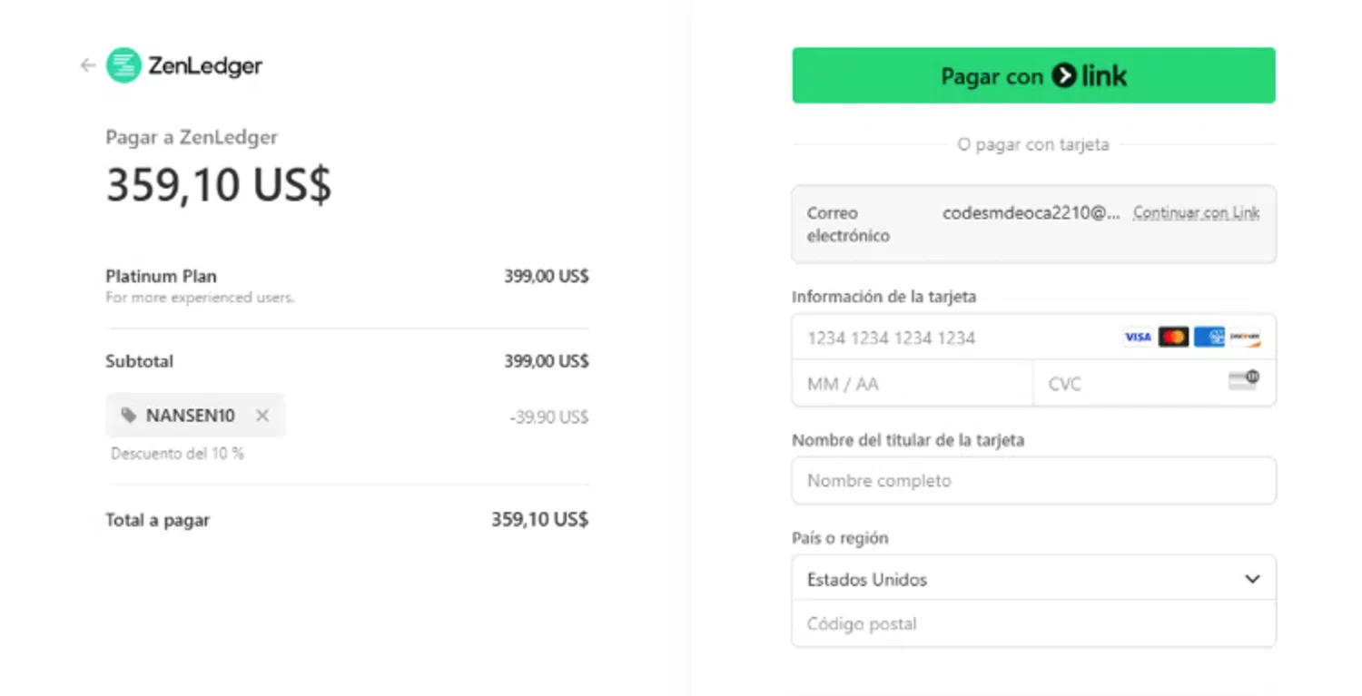 ZenLedger promo code screenshot showing code NANSEN10 applied at ZenLedger checkout page. Uploaded by SimplyCodes community member Frionel_Pessi on Feb 3, 2026
