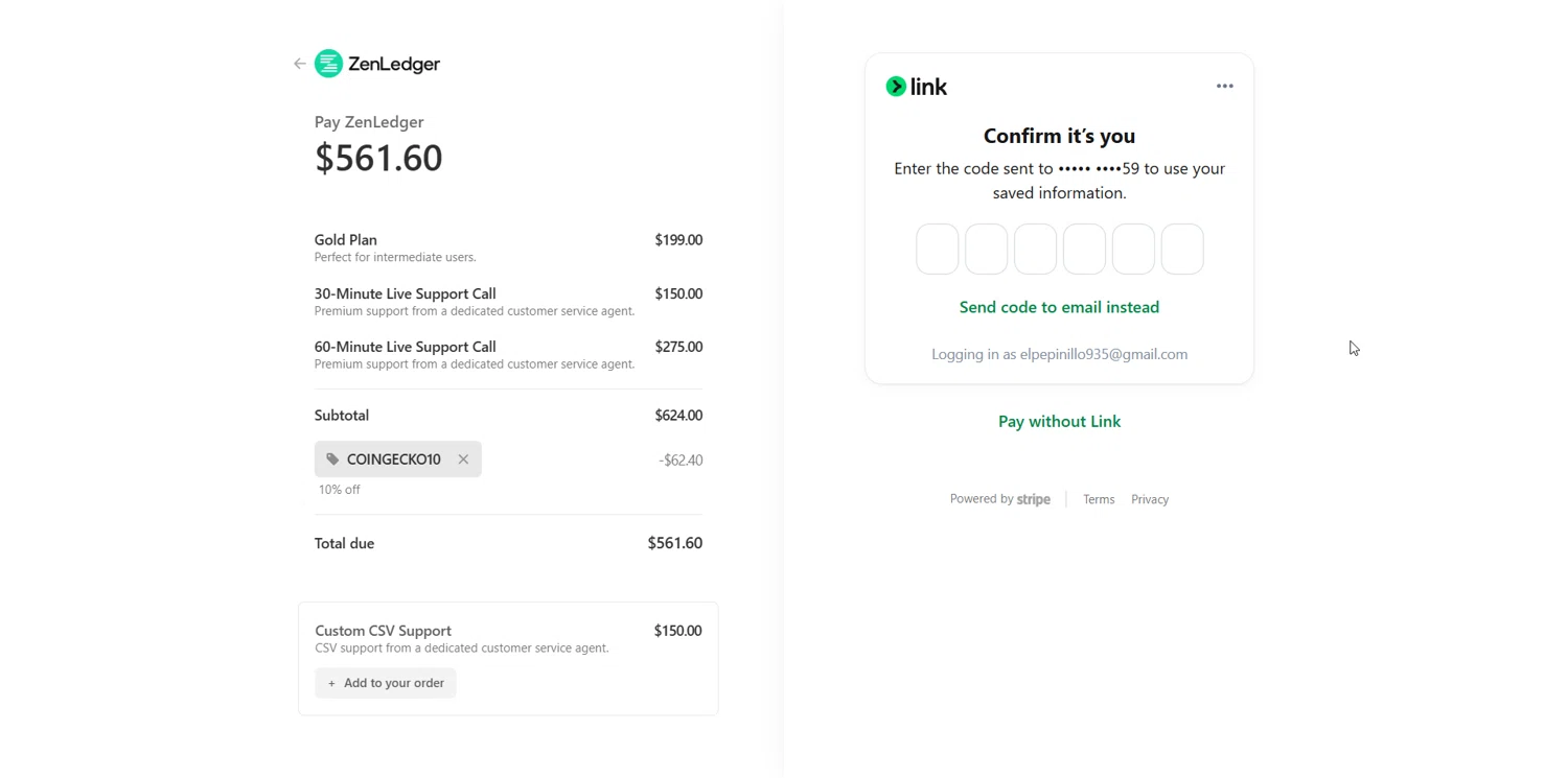 ZenLedger promo code screenshot showing code CoinGecko10 applied at ZenLedger checkout page. Uploaded by SimplyCodes community member ValueHawk3038 on Feb 3, 2026