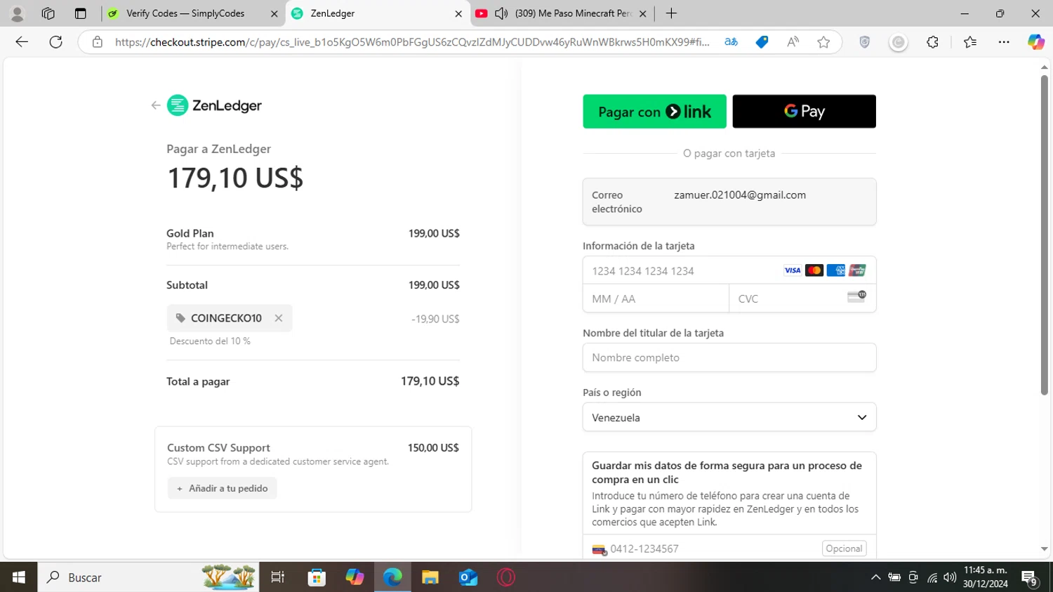 ZenLedger promo code screenshot showing code CoinGecko10 applied at ZenLedger checkout page. Uploaded by SimplyCodes community member MagnificentVirtuoso8433 on Dec 30, 2024
