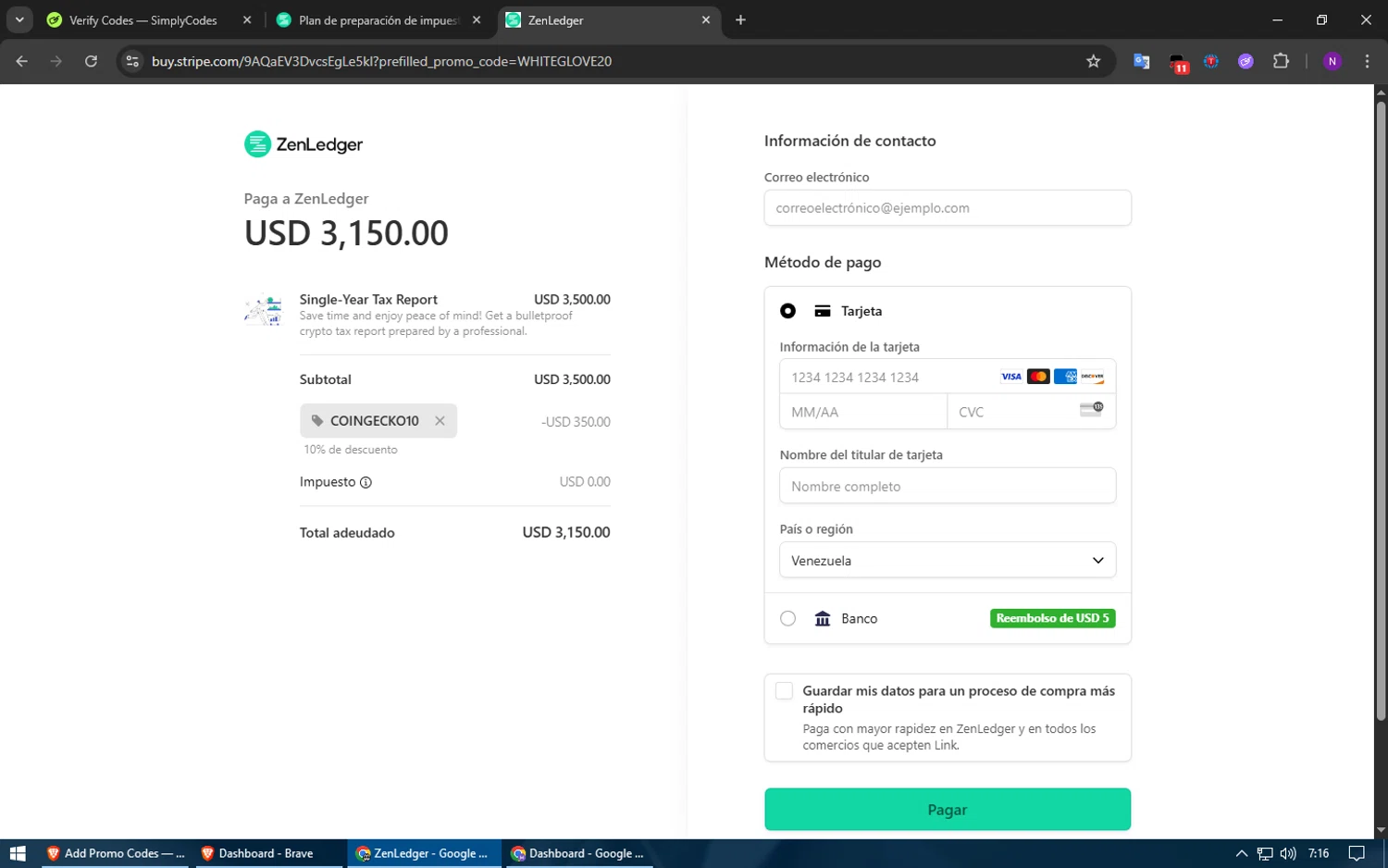 ZenLedger promo code screenshot showing code CoinGecko10 applied at ZenLedger checkout page. Uploaded by SimplyCodes community member usuario500 on Jul 18, 2025