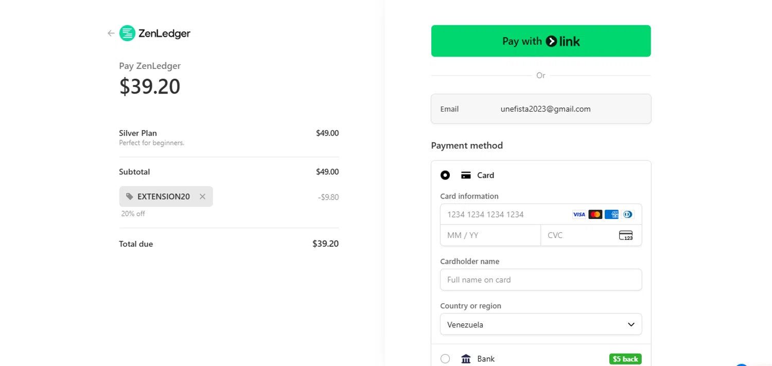 ZenLedger promo code screenshot showing code EXTENSION20 applied at ZenLedger checkout page. Uploaded by SimplyCodes community member juanisaac on Oct 6, 2025