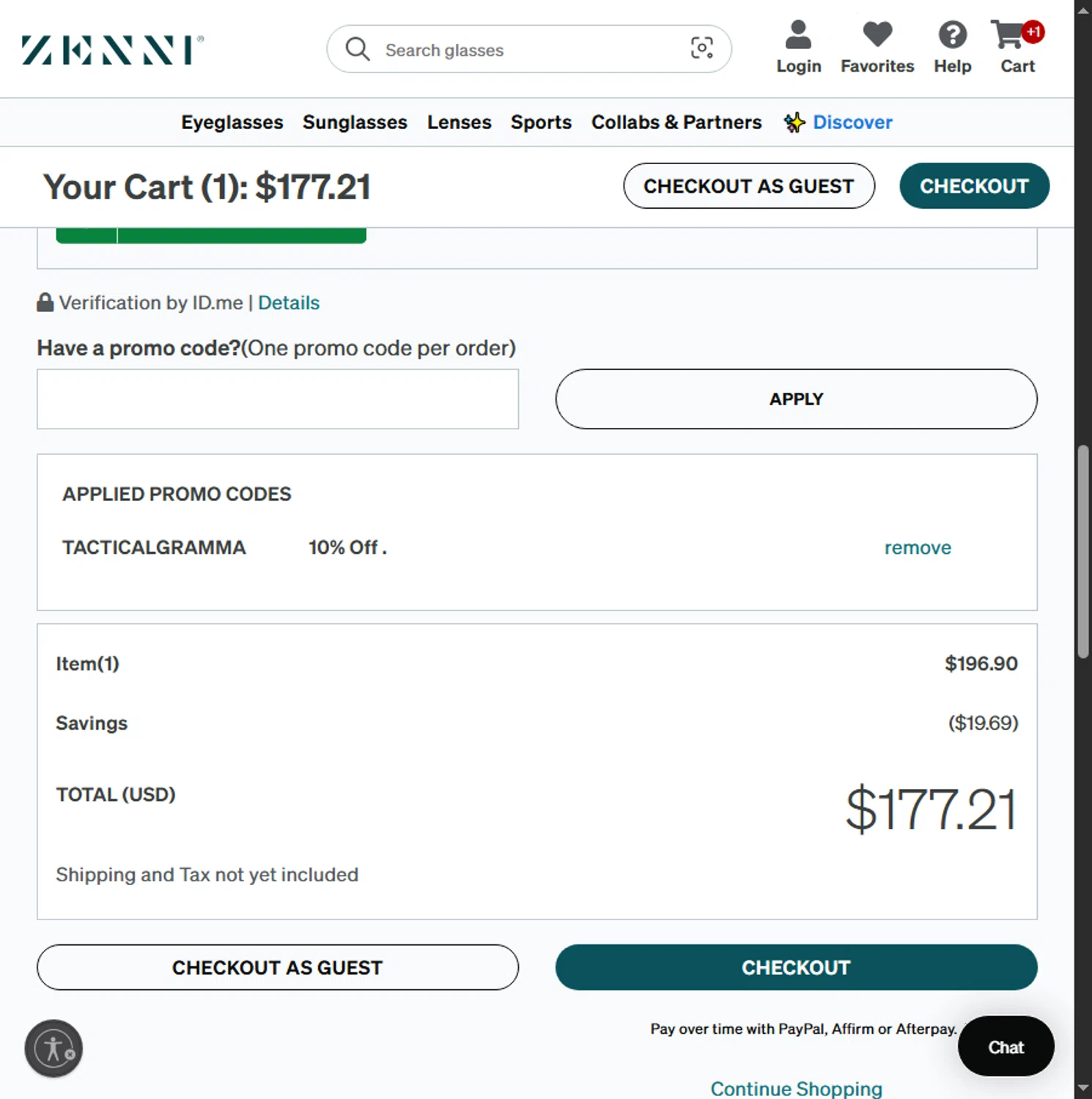 Zenni Optical promo code screenshot showing code TACTICALGRAMMA applied at Zenni Optical checkout page. Uploaded by SimplyCodes community member Beaaalmera on Aug 16, 2025