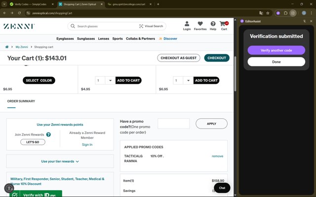 Zenni Optical checkout page showing Zenni Optical promo code box | Screenshot taken by SimplyCodes community member on Aug 28, 2025