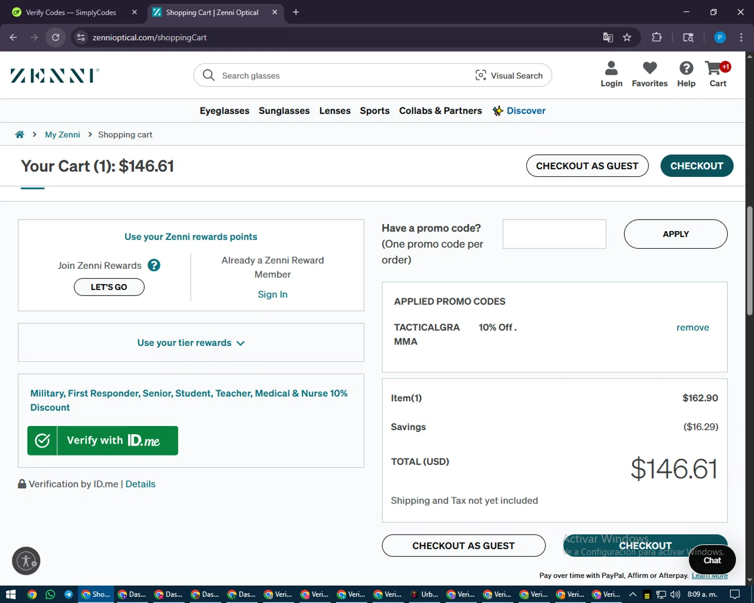 Zenni Optical promo code screenshot showing code TACTICALGRAMMA applied at Zenni Optical checkout page. Uploaded by SimplyCodes community member juiceWRLD on Aug 22, 2025