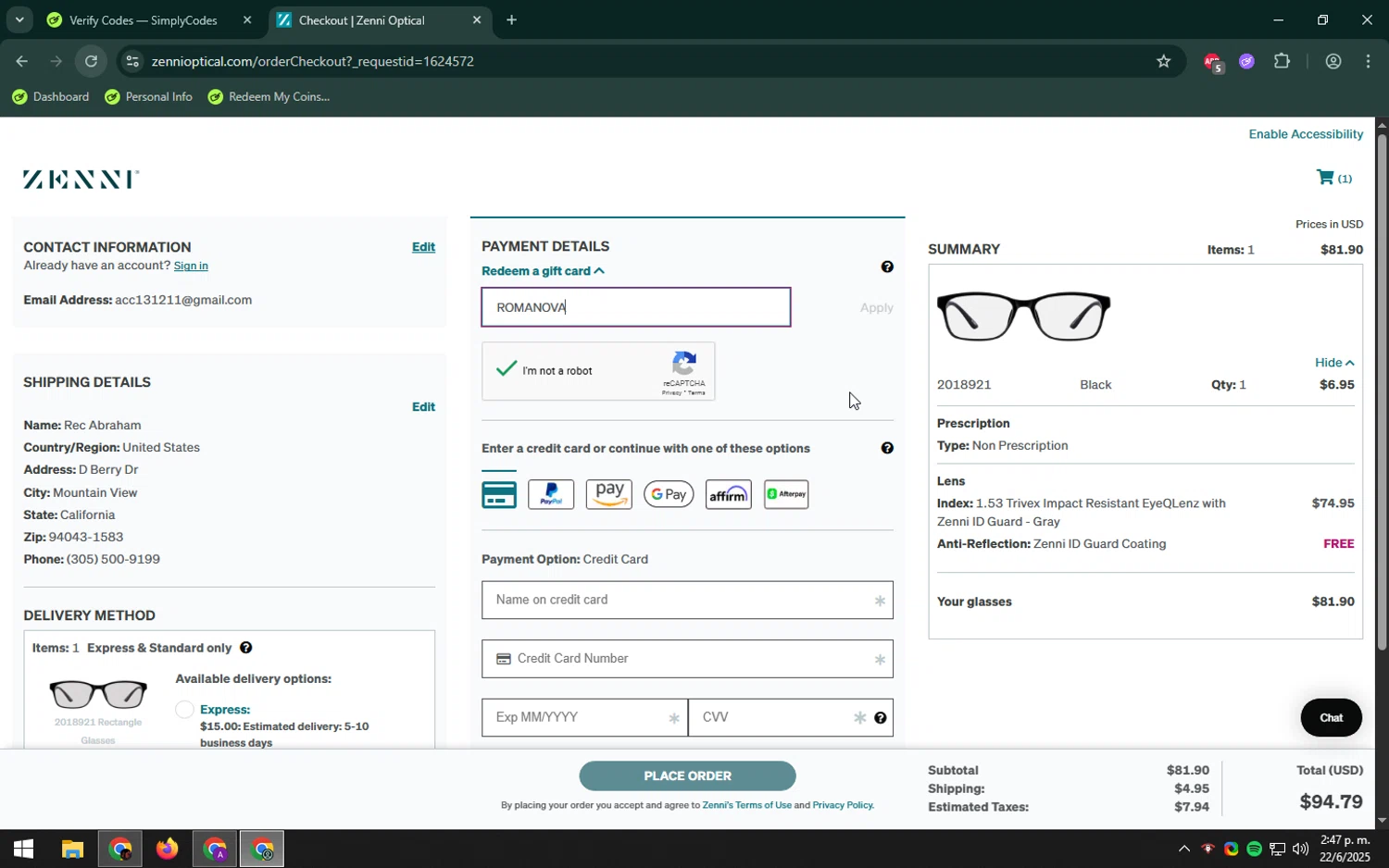 Zenni Optical promo code screenshot showing code ROMANOVA applied at Zenni Optical checkout page. Uploaded by SimplyCodes community member LHaunter on Jun 22, 2025