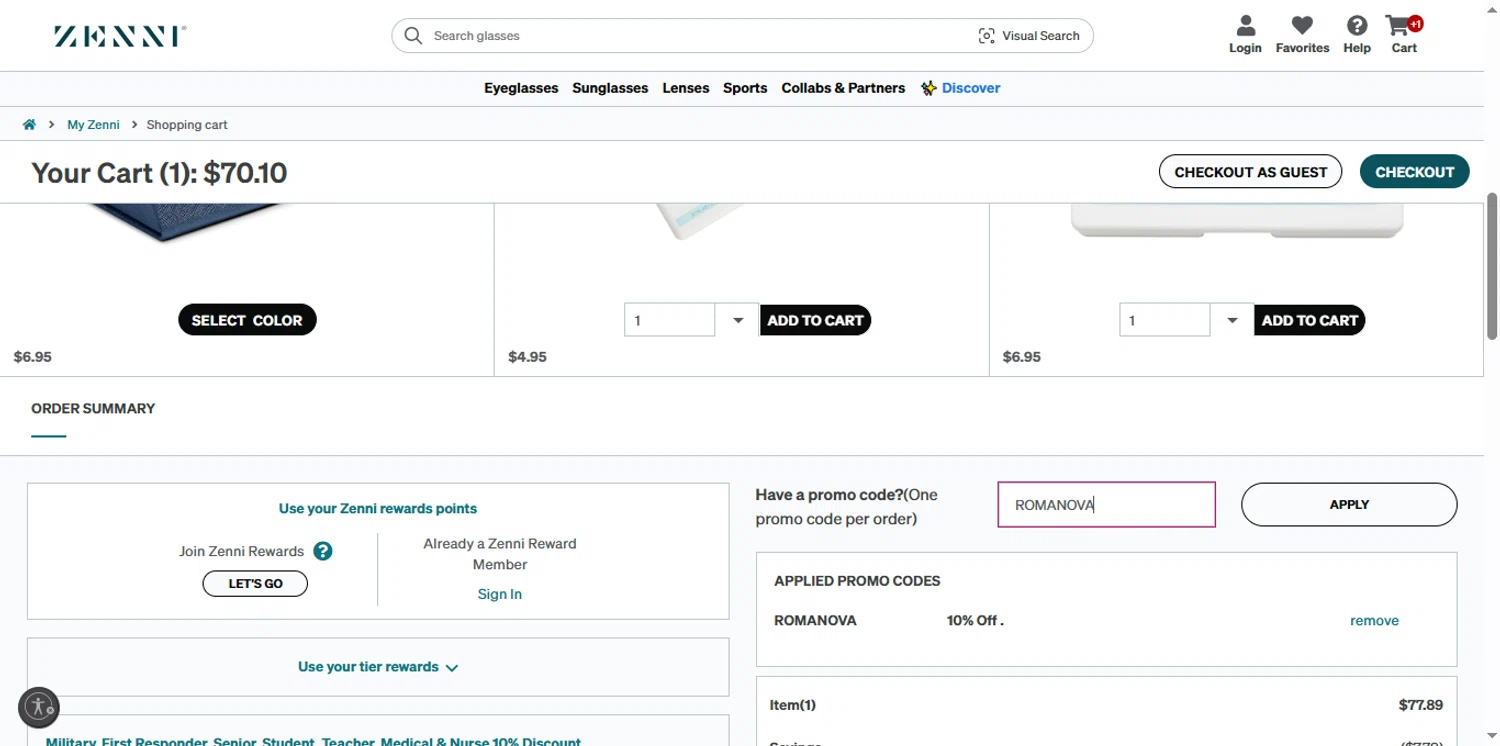 Zenni Optical promo code screenshot showing code ROMANOVA applied at Zenni Optical checkout page. Uploaded by SimplyCodes community member the_loose_cannon on Aug 17, 2025