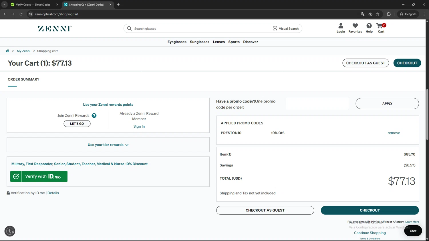 Zenni Optical promo code screenshot showing code PRESTON10 applied at Zenni Optical checkout page. Uploaded by SimplyCodes community member AVAMUSTANG on Aug 7, 2025