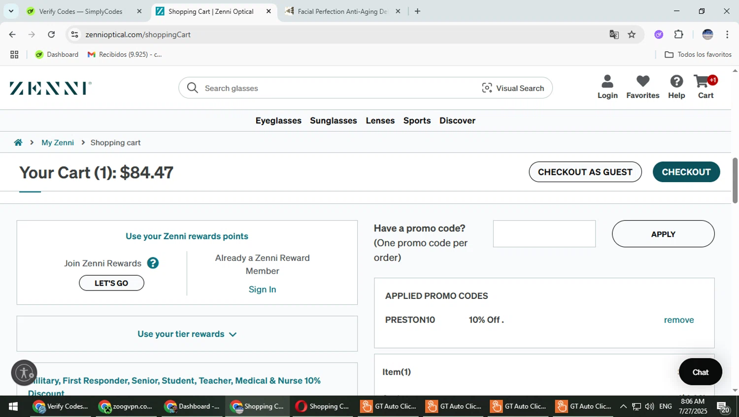Zenni Optical promo code screenshot showing code PRESTON10 applied at Zenni Optical checkout page. Uploaded by SimplyCodes community member TrevorPhilips on Jul 27, 2025