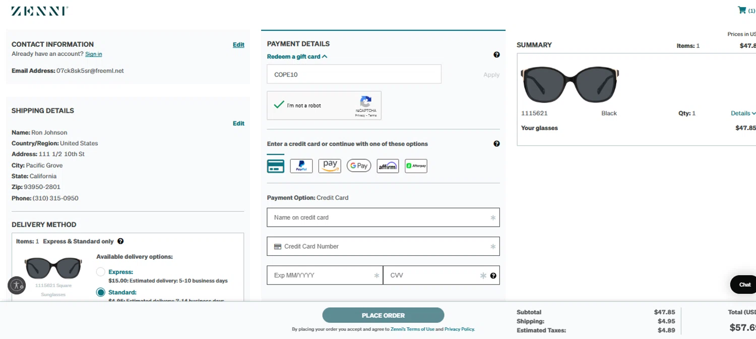 Zenni Optical promo code screenshot showing code COPE10 applied at Zenni Optical checkout page. Uploaded by SimplyCodes community member SimplyCVerlie on Jul 15, 2025