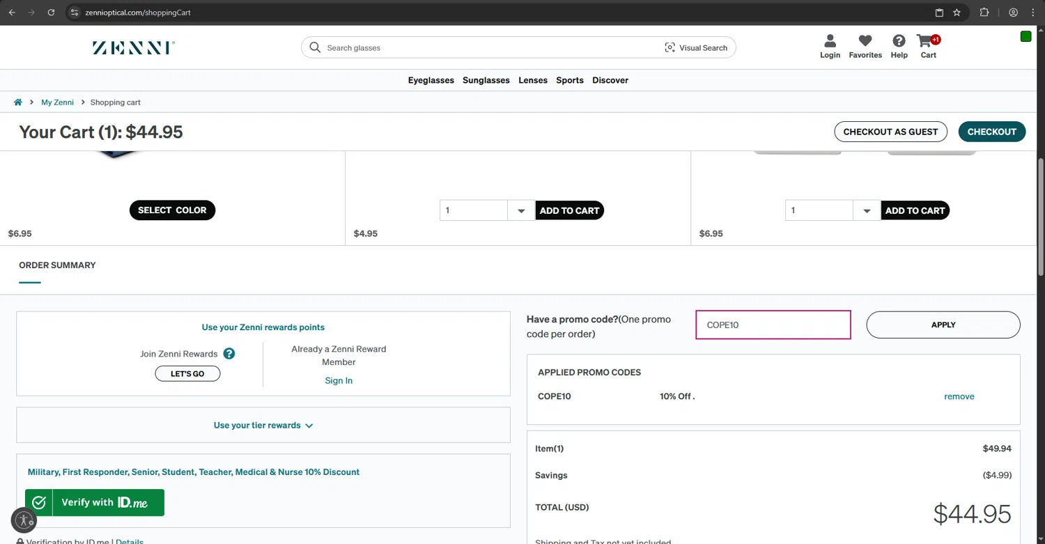 Zenni Optical promo code screenshot showing code COPE10 applied at Zenni Optical checkout page. Uploaded by SimplyCodes community member THEROCKs on Aug 3, 2025